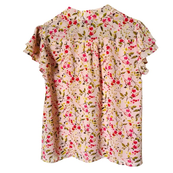 CeCe Sz Small Pink Floral Double Flutter Ruffle Sleeve Button Front Blouse Top - Picture 11 of 12